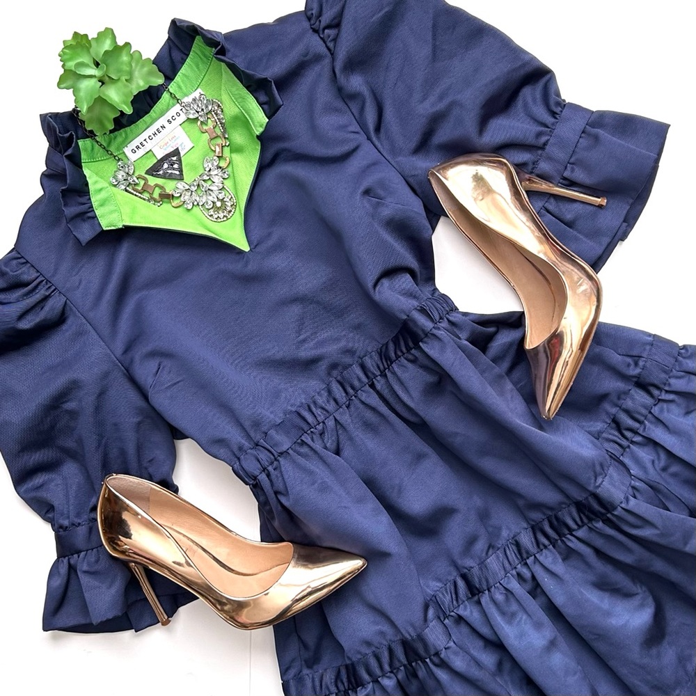 Gretchen Scott Teardrop Dress Faille Navy Blue Tiered Mini Dress Ruffle Size S